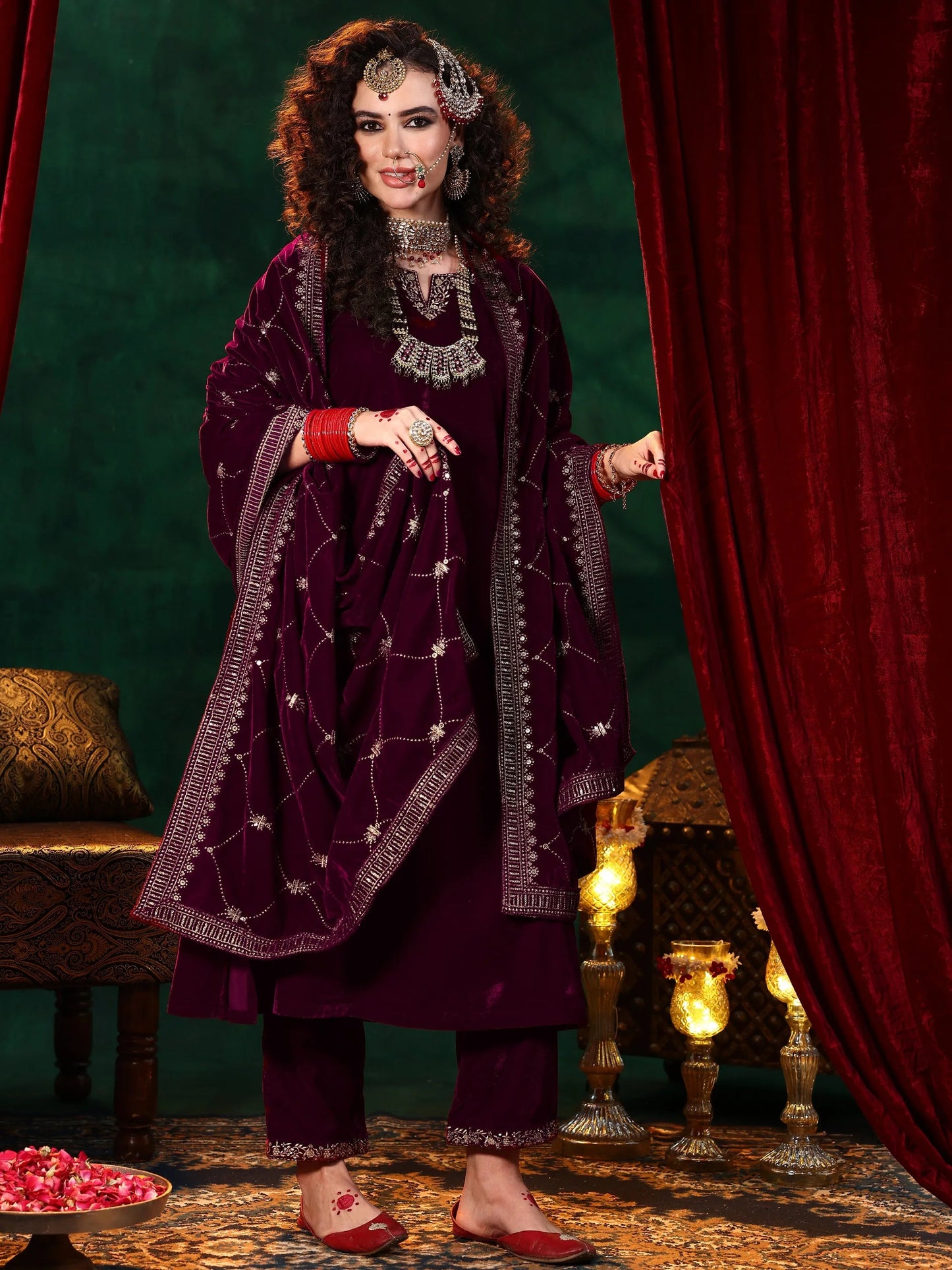 Maroon Solid Velvet Straight Suit With Dupatta