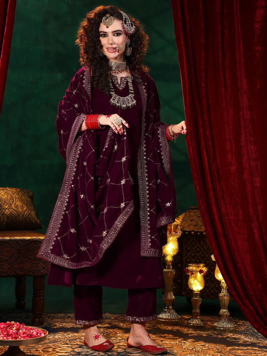 Maroon Solid Velvet Straight Suit With Dupatta