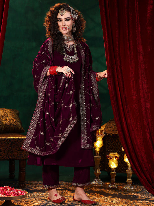 Maroon Solid Velvet Straight Suit With Dupatta