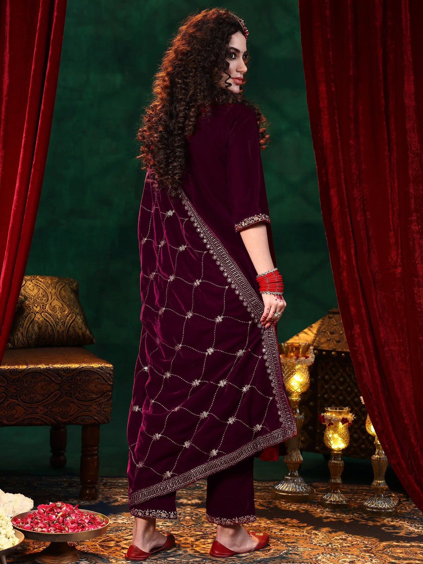 Maroon Solid Velvet Straight Suit With Dupatta