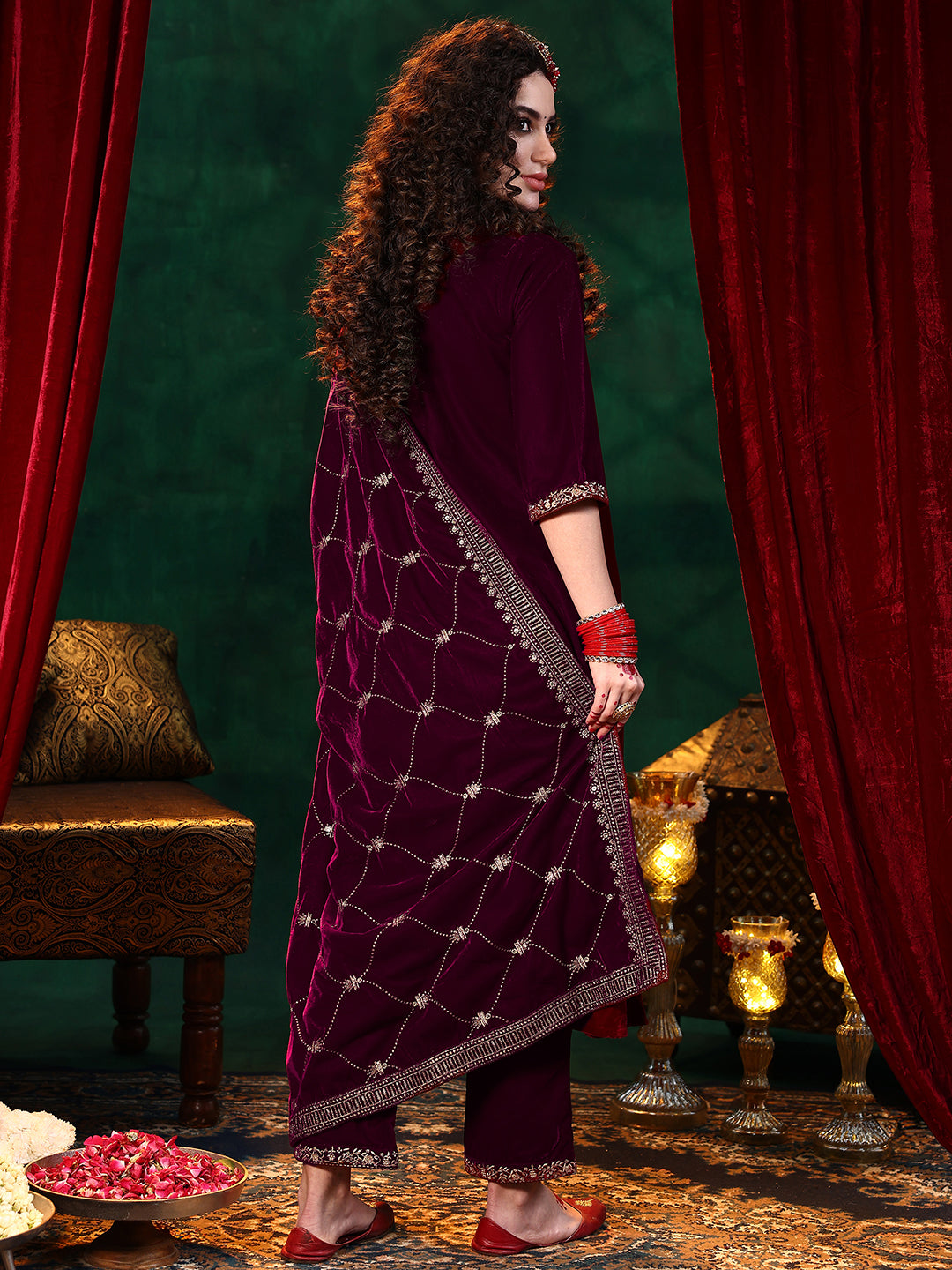 Maroon Solid Velvet Straight Suit With Dupatta