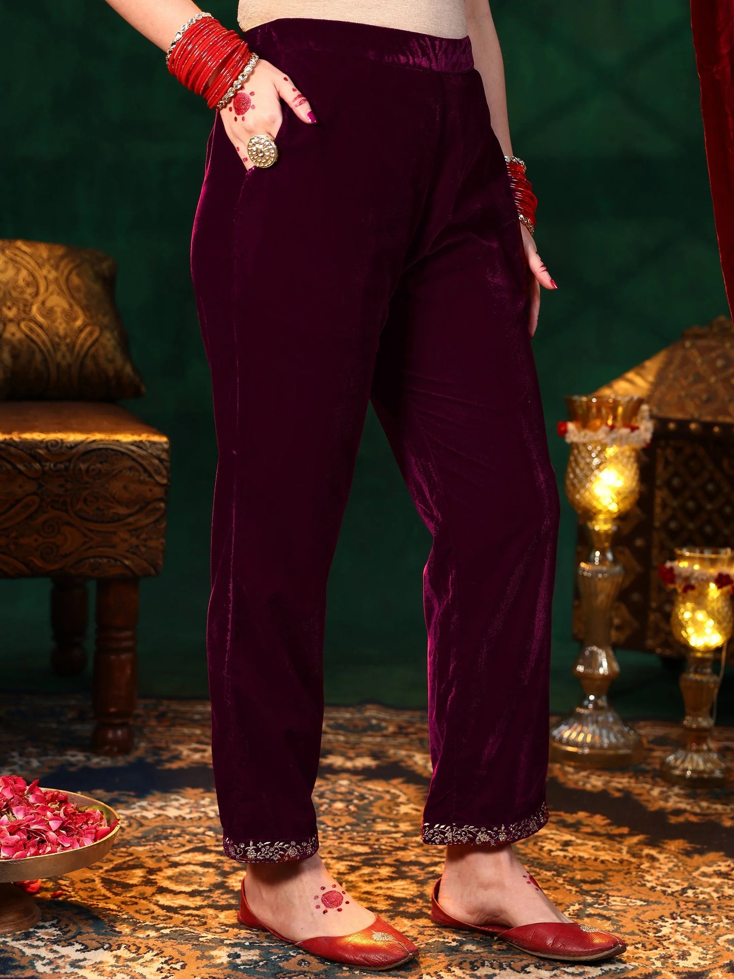 Maroon Solid Velvet Straight Suit With Dupatta