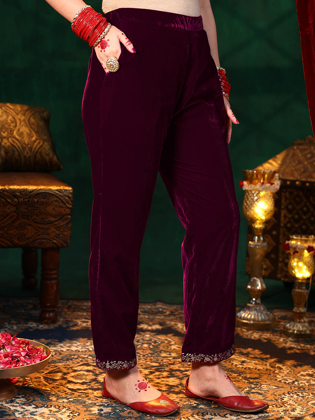 Maroon Solid Velvet Straight Suit With Dupatta