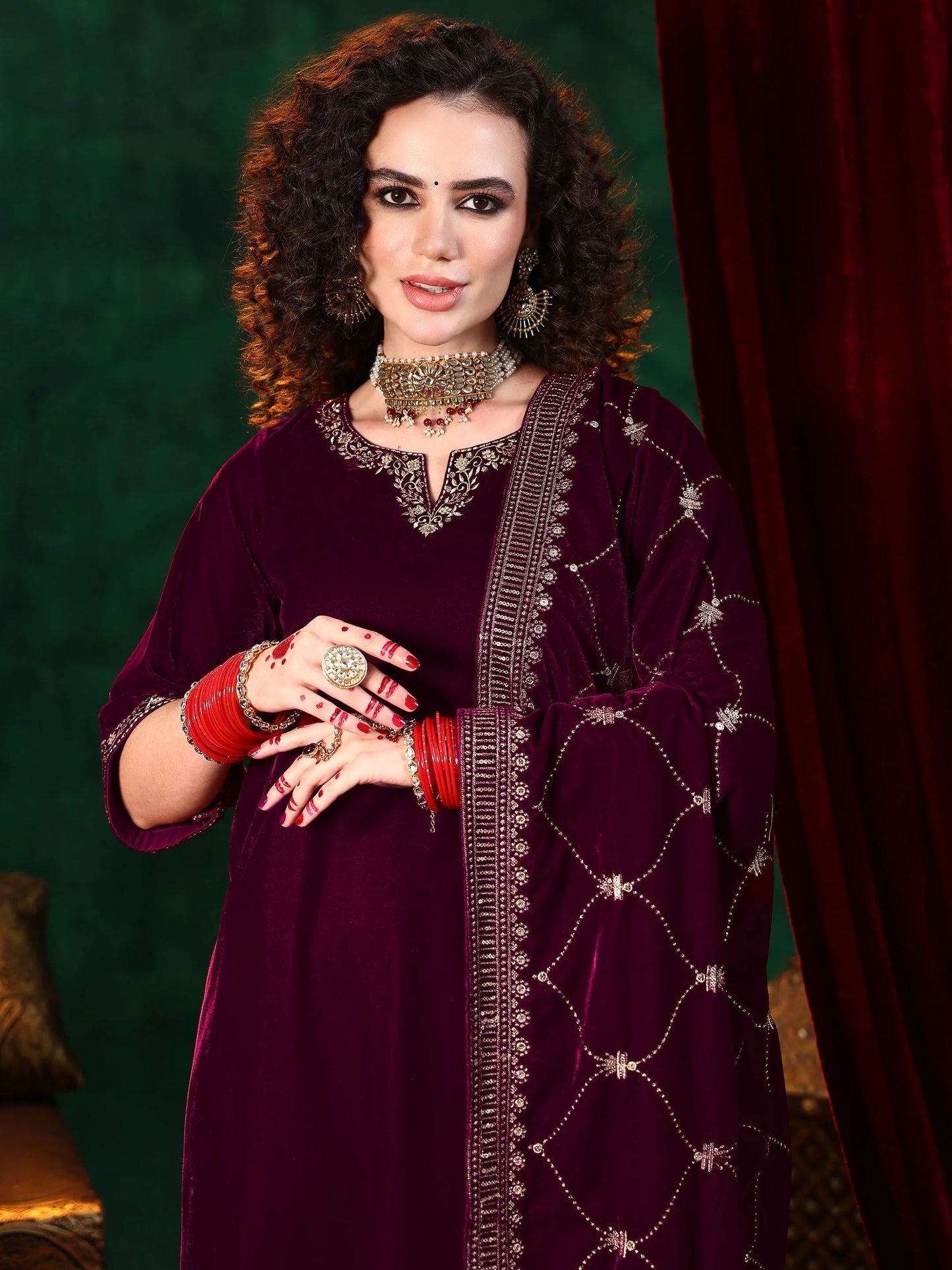 Maroon Solid Velvet Straight Suit With Dupatta
