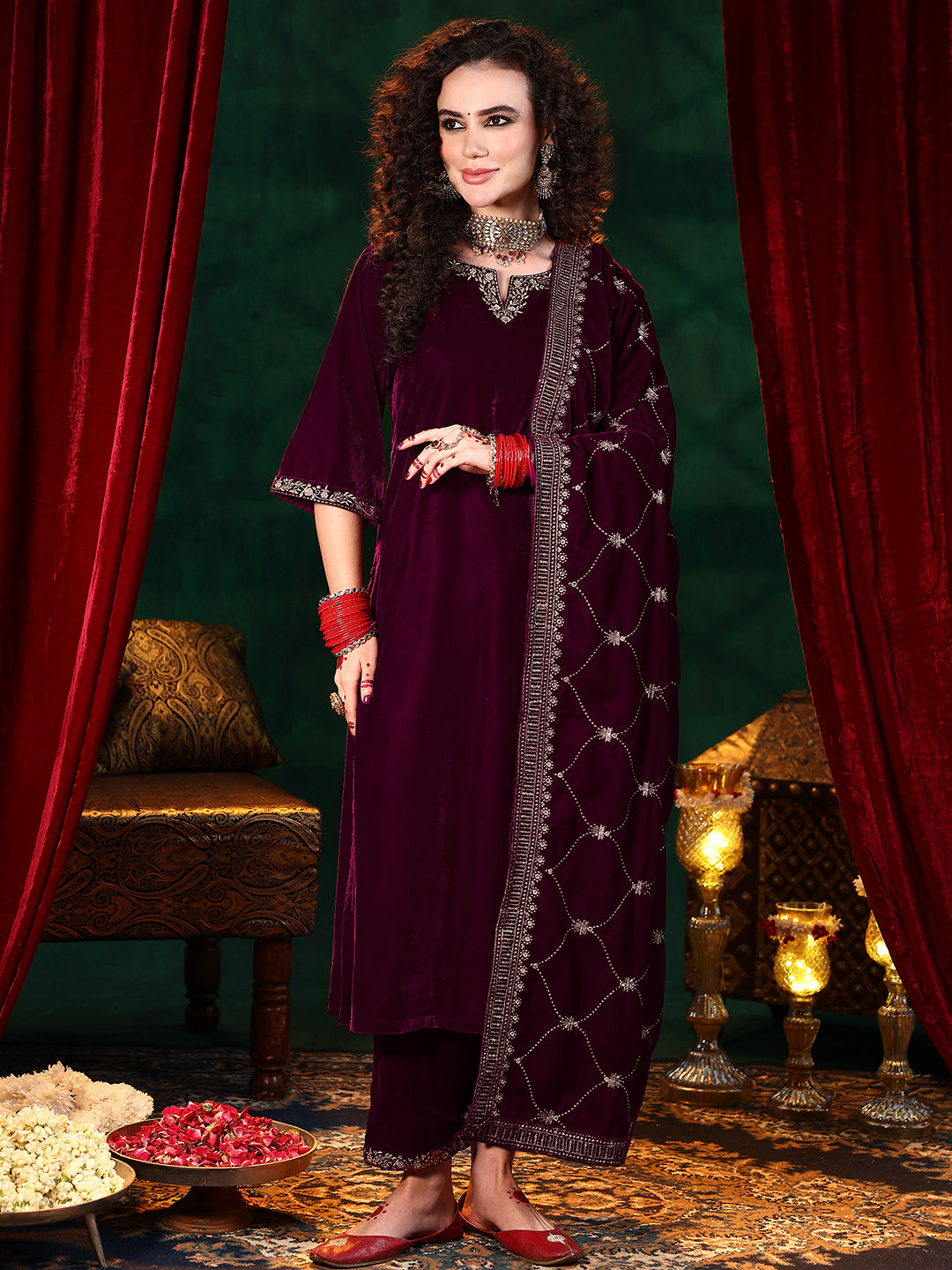 Maroon Solid Velvet Straight Suit With Dupatta