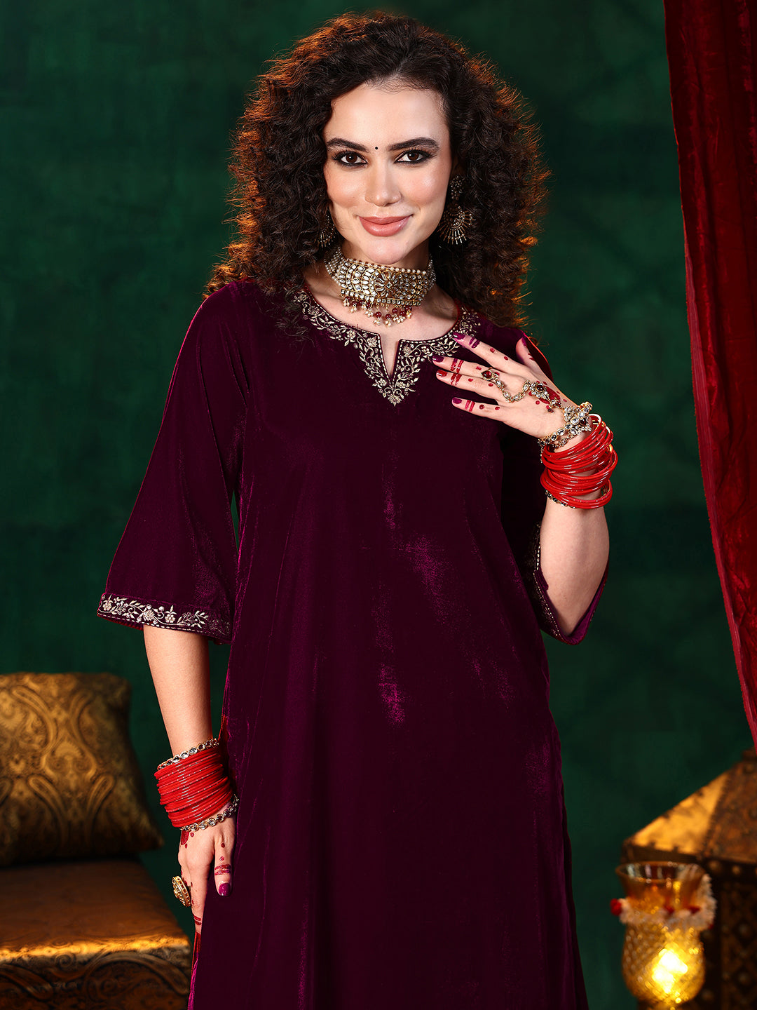 Maroon Solid Velvet Straight Suit With Dupatta