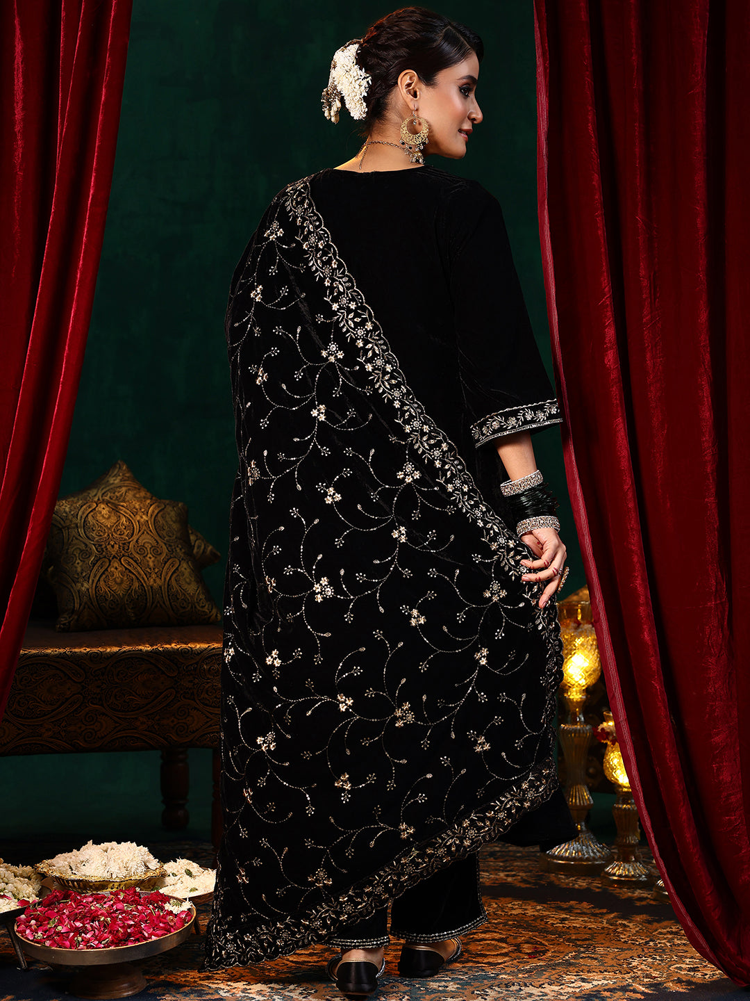 Black Yoke Design Velvet A-Line Kurta With Trousers & Dupatta