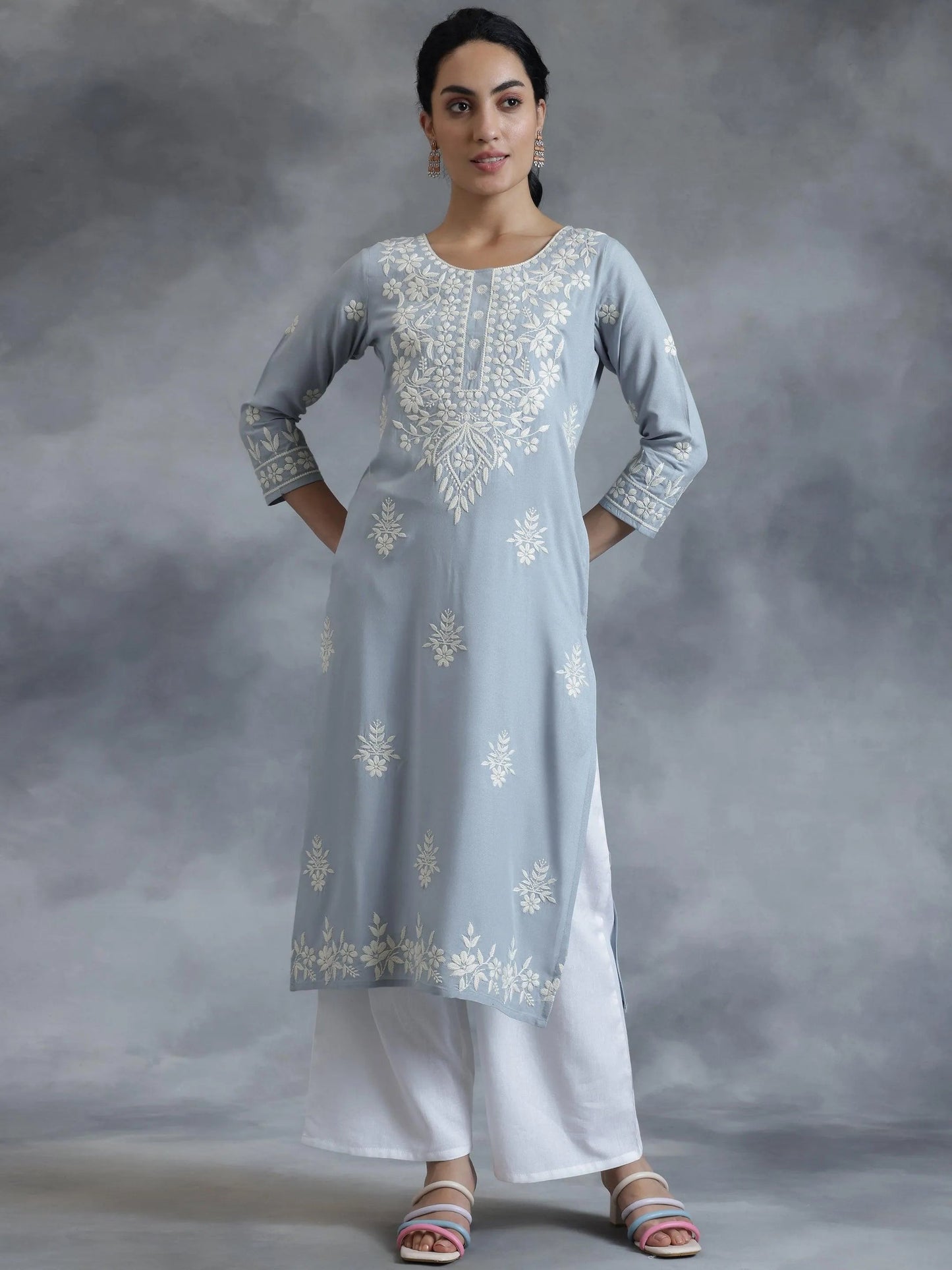 Stone Blue Embroidered Rayon Straight Kurta