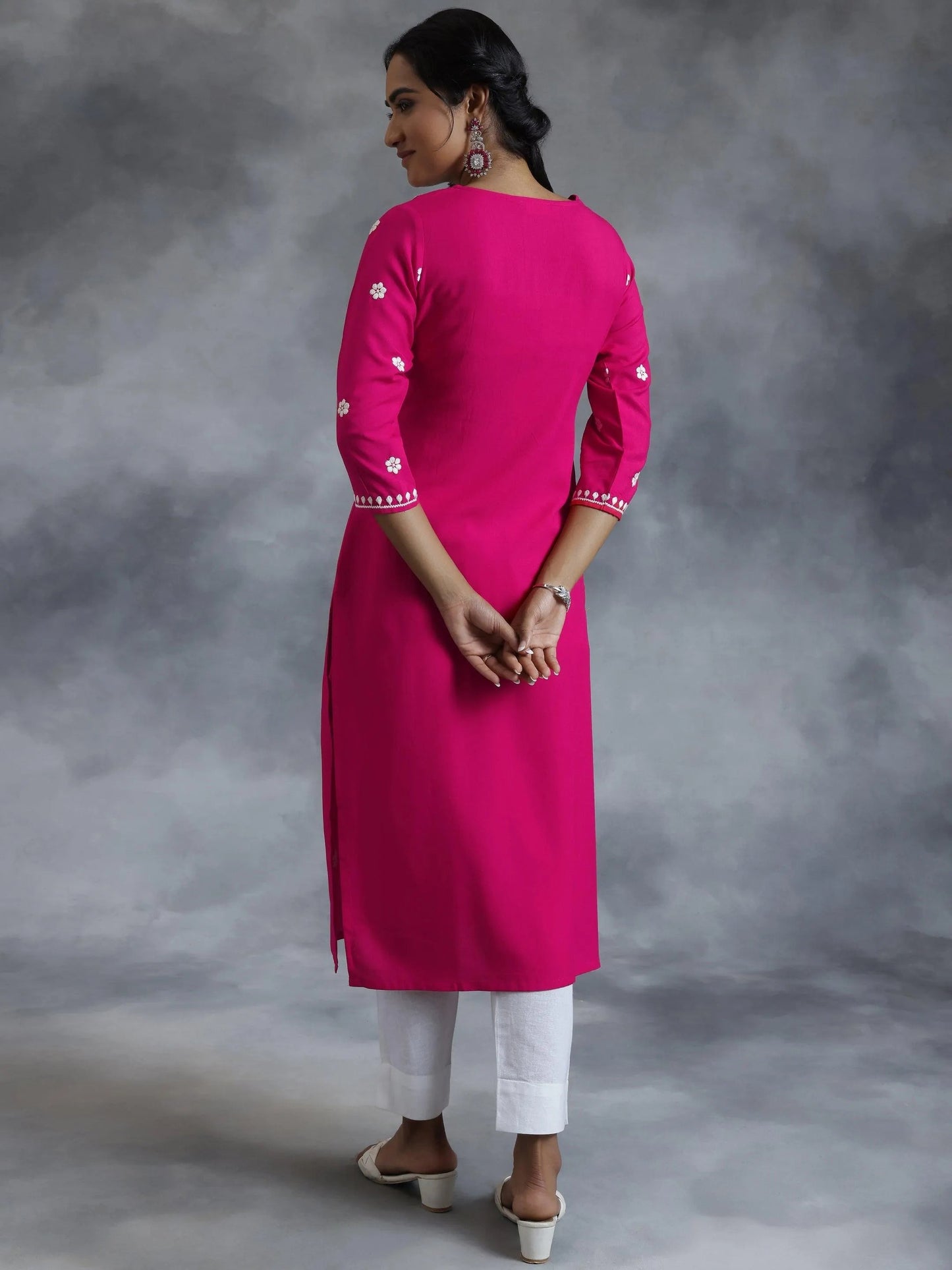 Pink Embroidered Rayon Straight Kurta