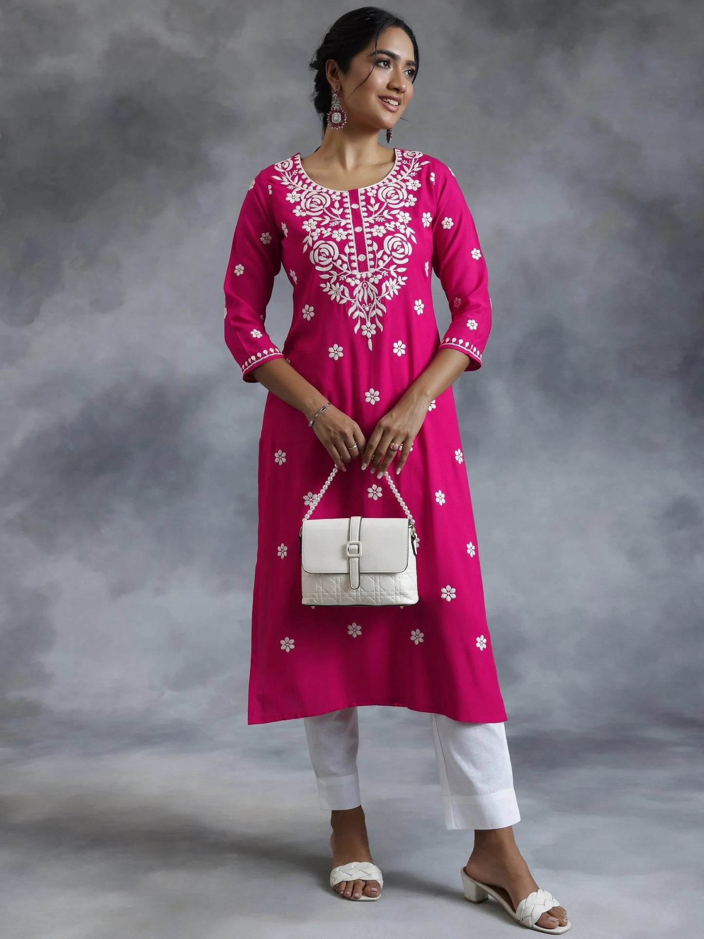 Pink Embroidered Rayon Straight Kurta