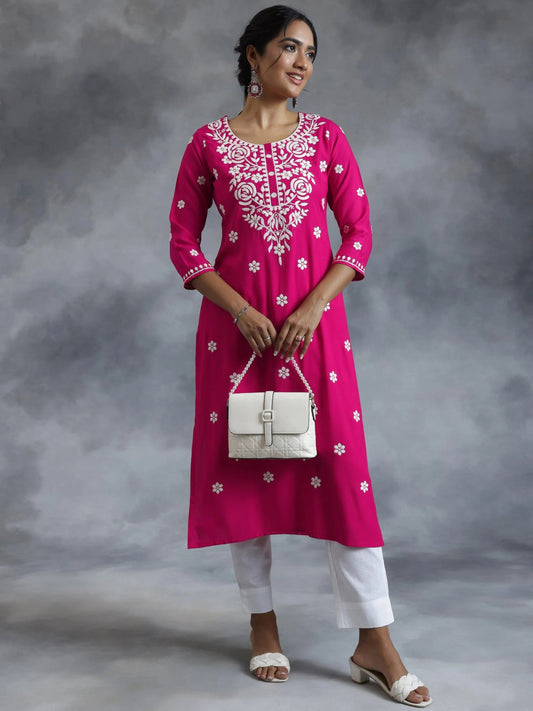 Pink Embroidered Rayon Straight Kurta
