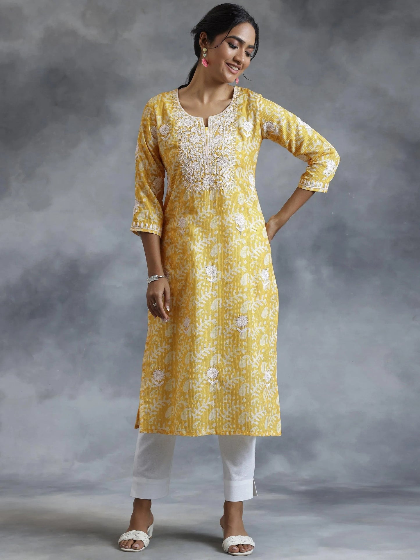 Yellow Embroidered Cotton Straight Kurta