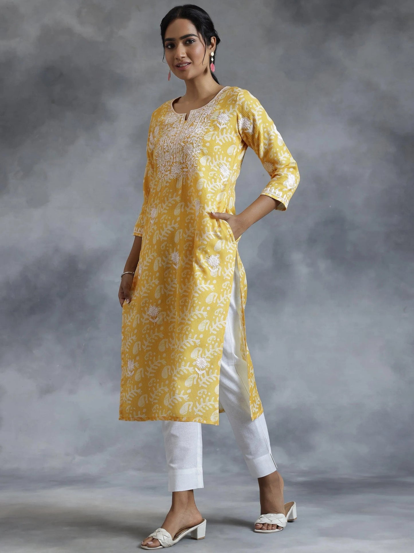 Yellow Embroidered Cotton Straight Kurta
