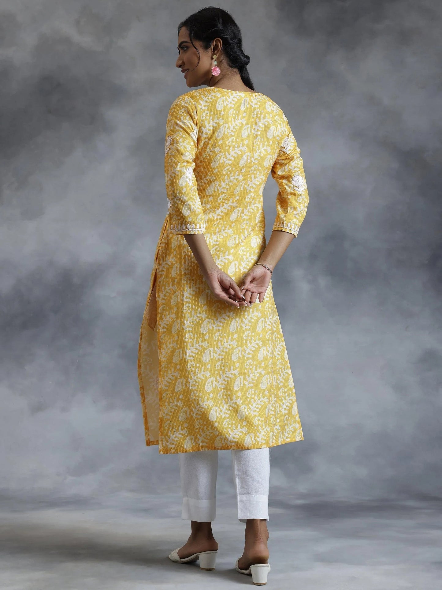 Yellow Embroidered Cotton Straight Kurta