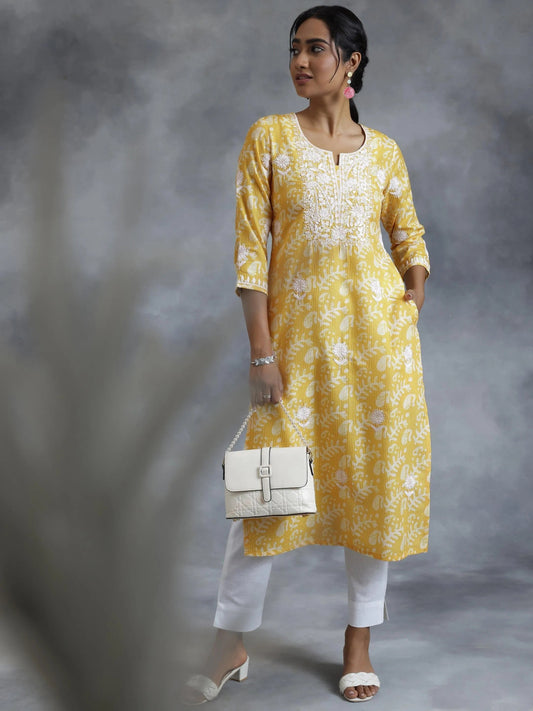 Yellow Embroidered Cotton Straight Kurta