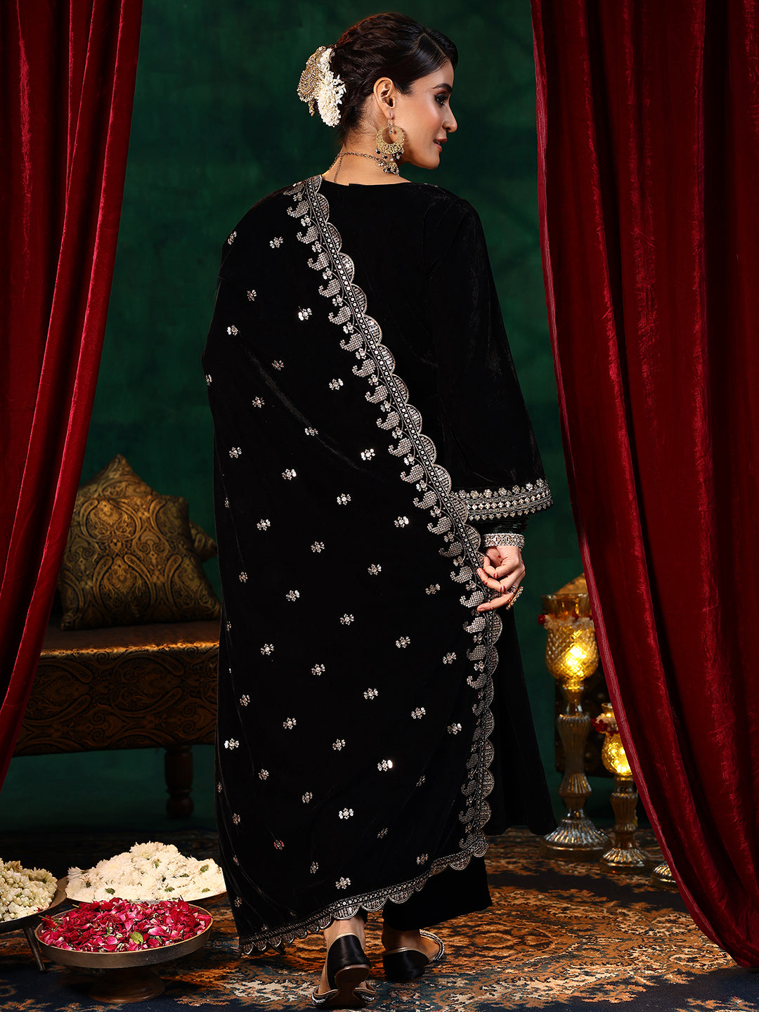Black Yoke Design Velvet Straight Suit With Dupatta
