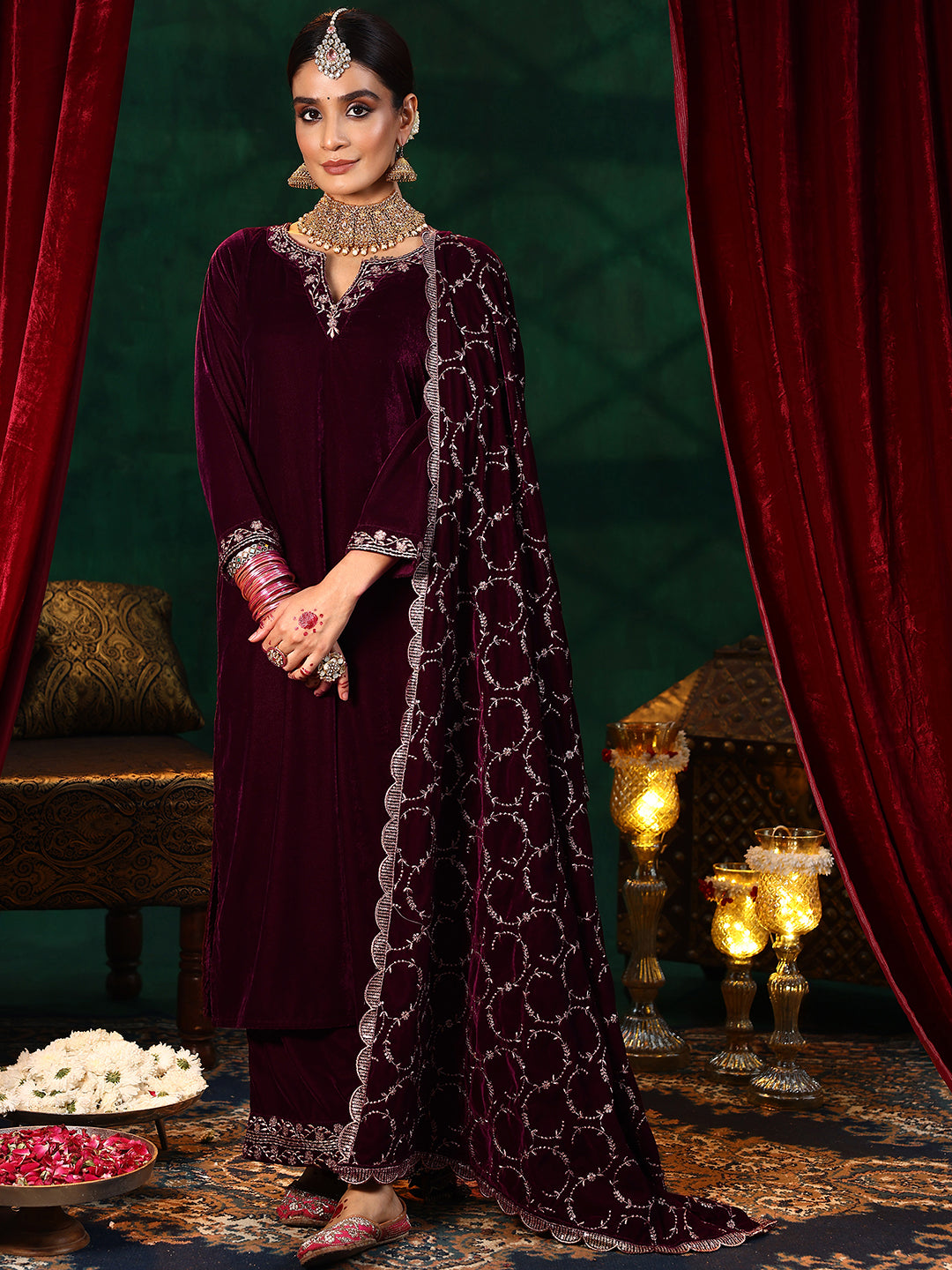 Maroon Yoke Design Velvet Straight Suit With Dupatta