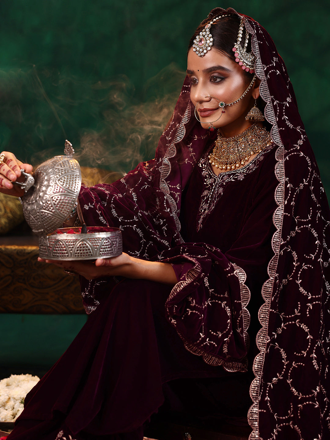 Maroon Yoke Design Velvet Straight Suit With Dupatta