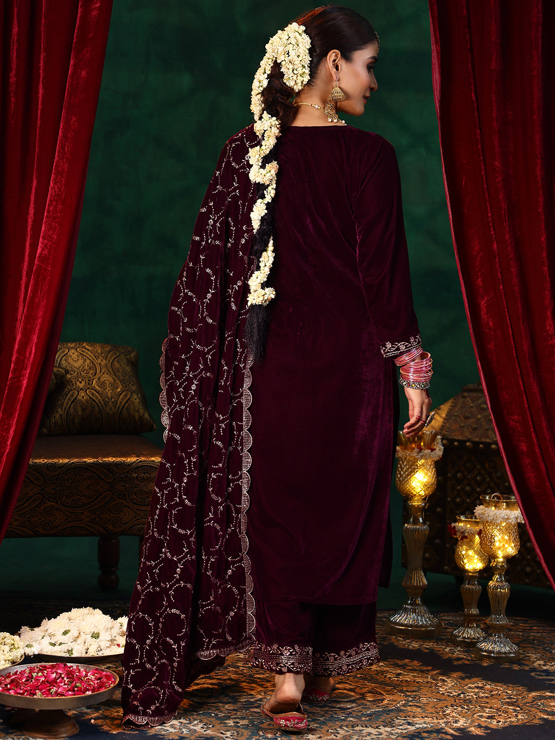 Maroon Yoke Design Velvet Straight Suit With Dupatta