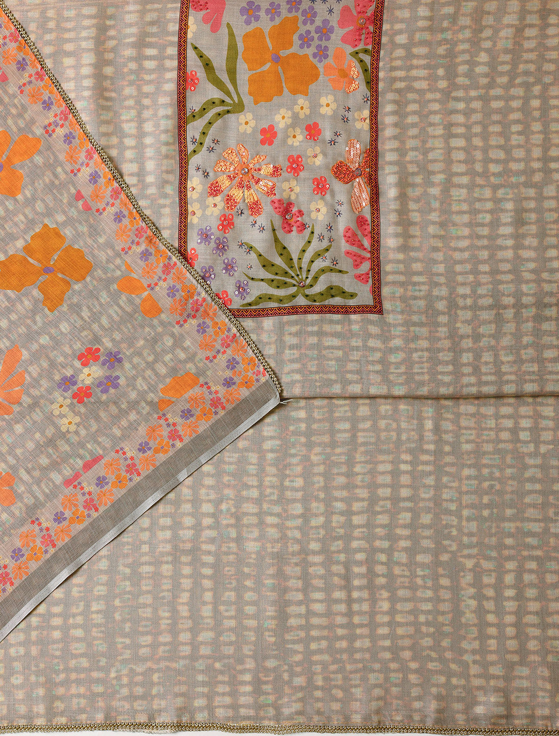 Grey Printed Cotton Blend Dress Material With Dupatta