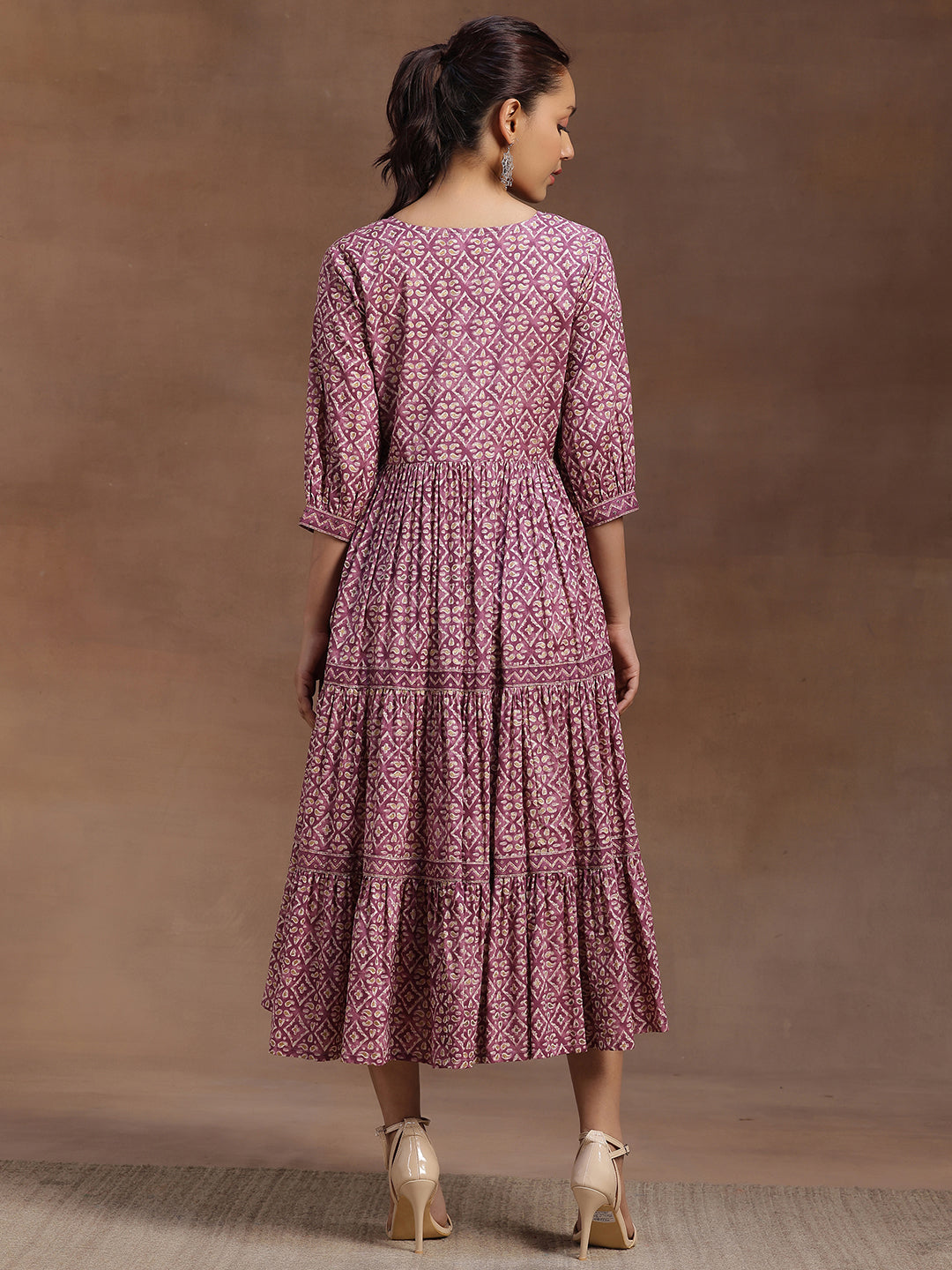 Purple Printed Cotton Tiered A-Line One Piece Dress