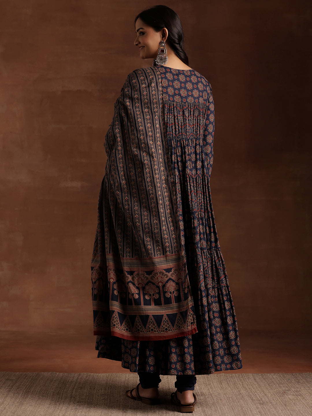 Blue Printed Cotton Anarkali Suit With Dupatta