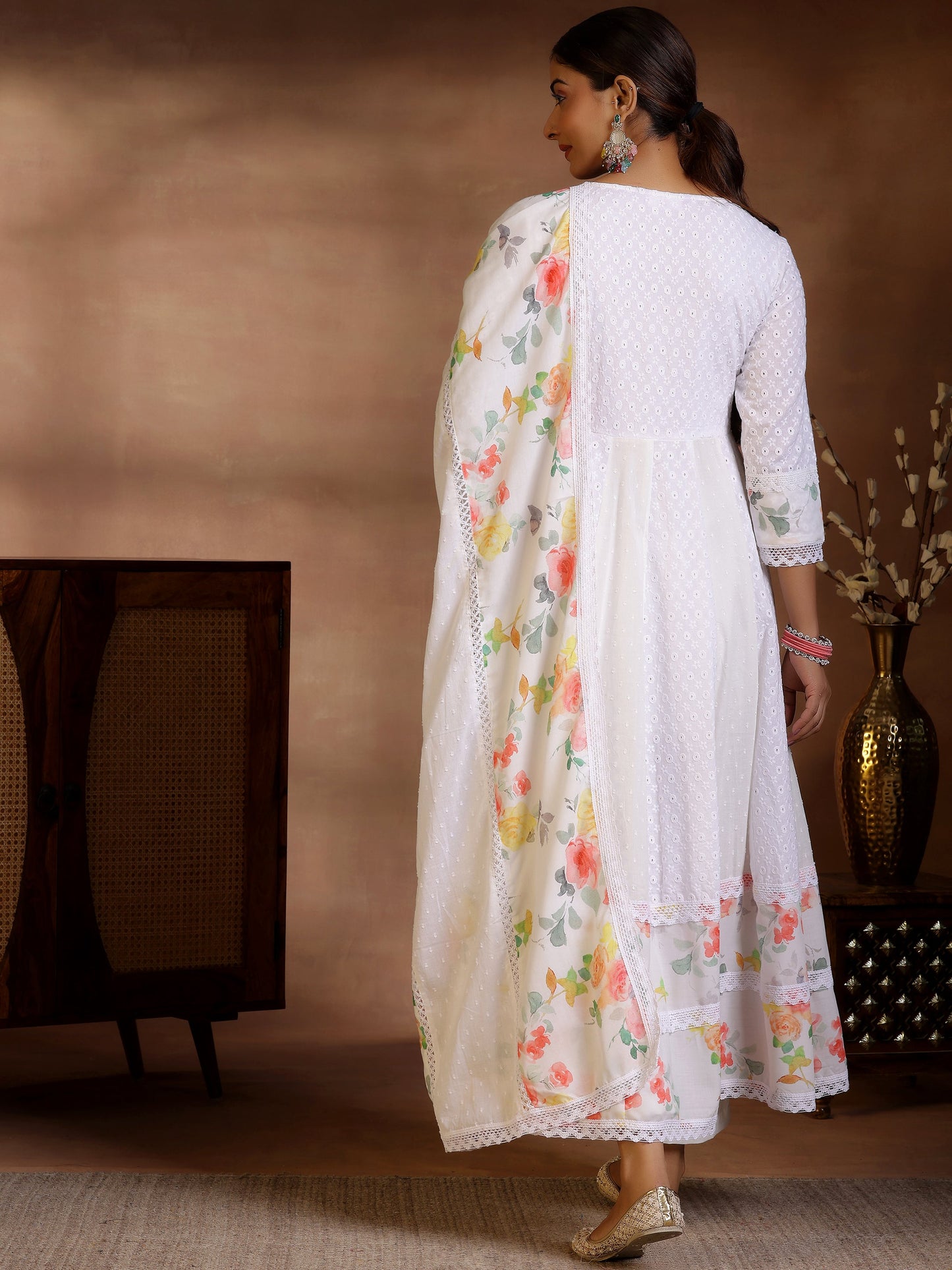 White Self Design Cotton Anarkali Suit With Dupatta