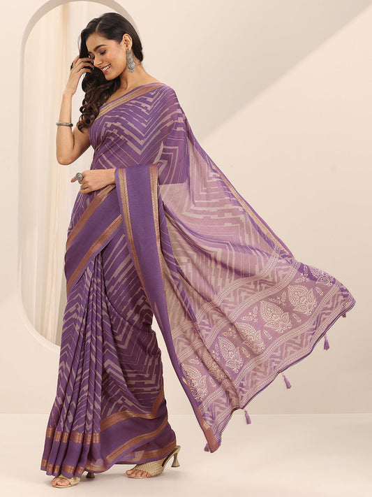 Purple Printed Georgette Saree With Unstitched Blouse Piece