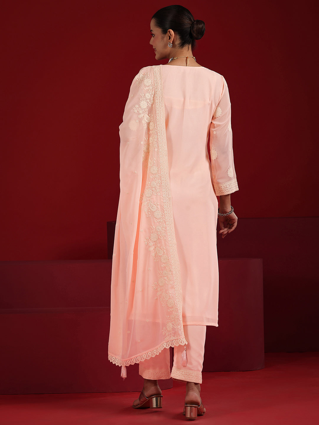 Libas Art Pink Embroidered Georgette Straight Suit Set With Dupatta