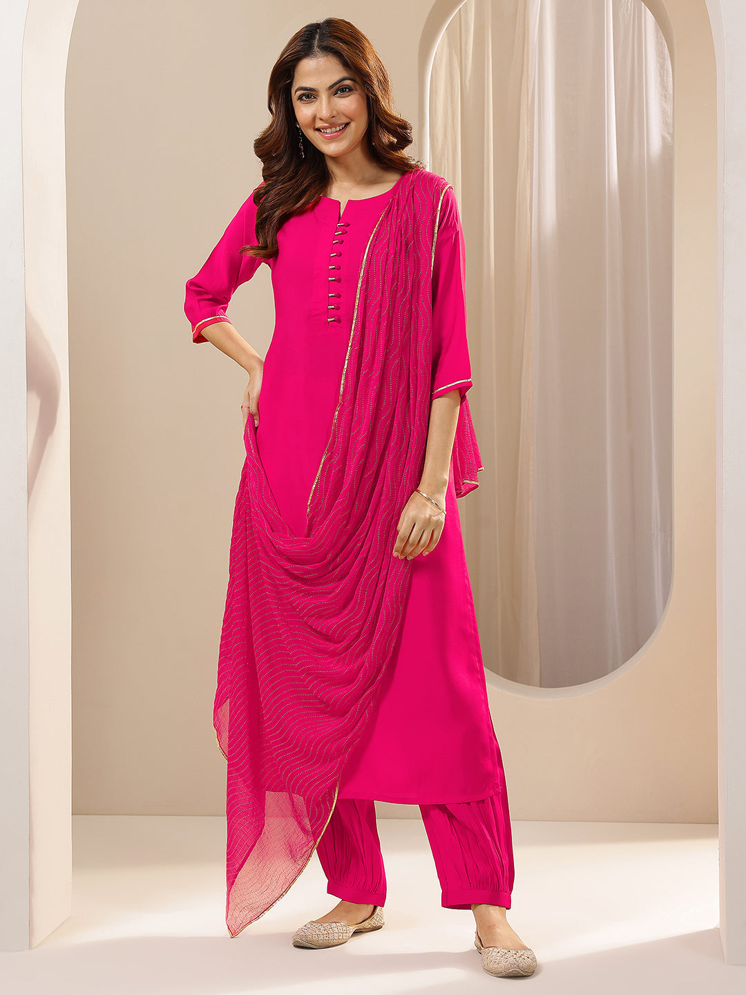 Pink Solid Silk Blend Straight Suit Sets With Dupatta