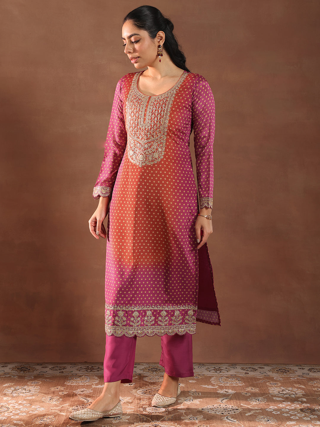 Pink Printed Silk Blend Straight Suit With Dupatta