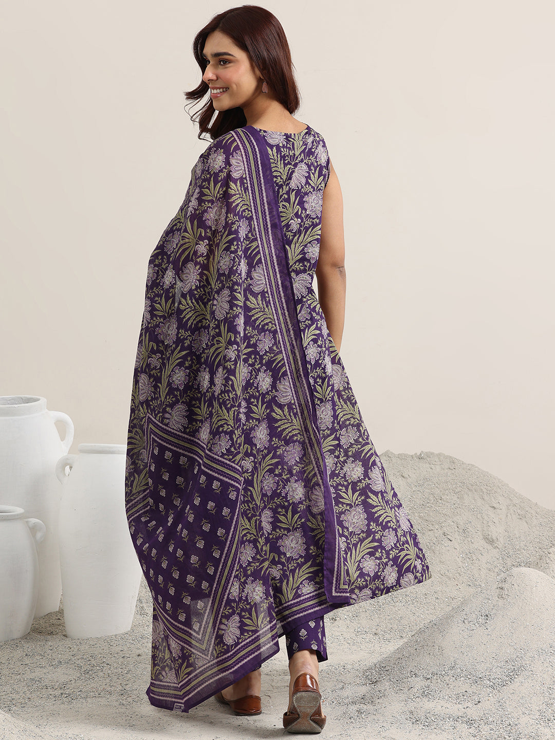 Purple Printed Cotton Straight Suit With Dupatta