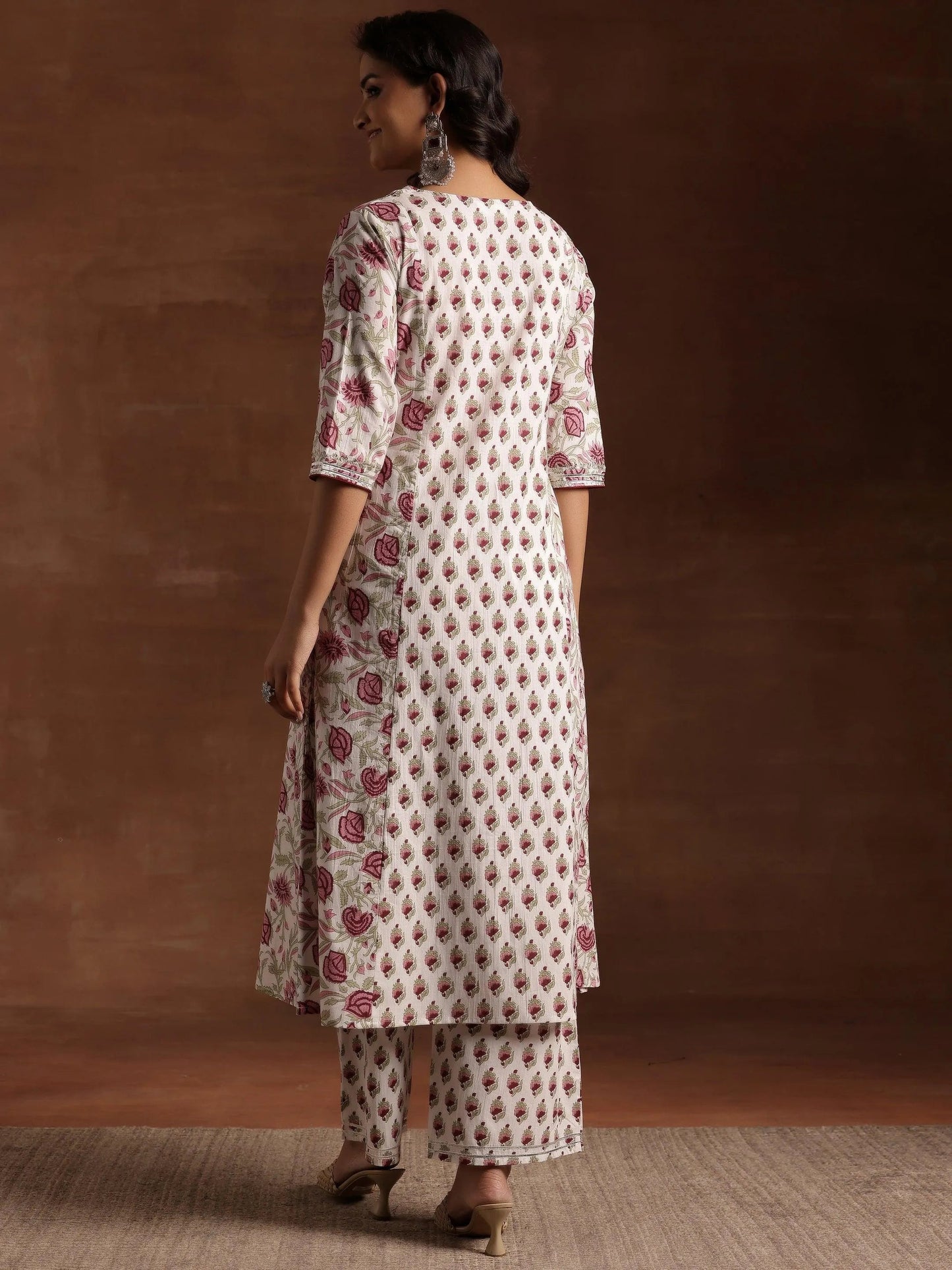Off white Printed Cotton A-Line Kurta With Palazzos