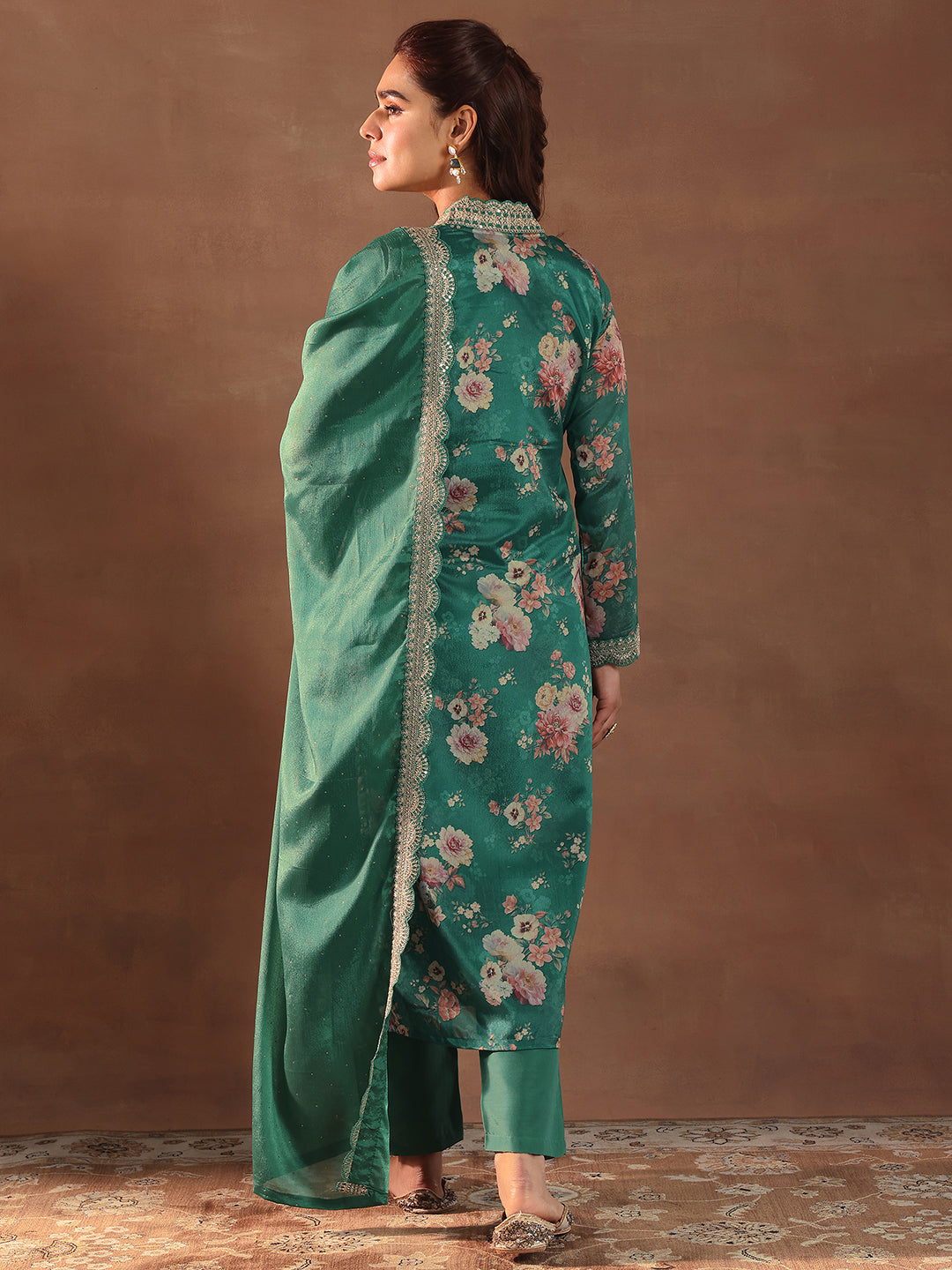 Green Printed Silk Blend Straight Suit With Dupatta