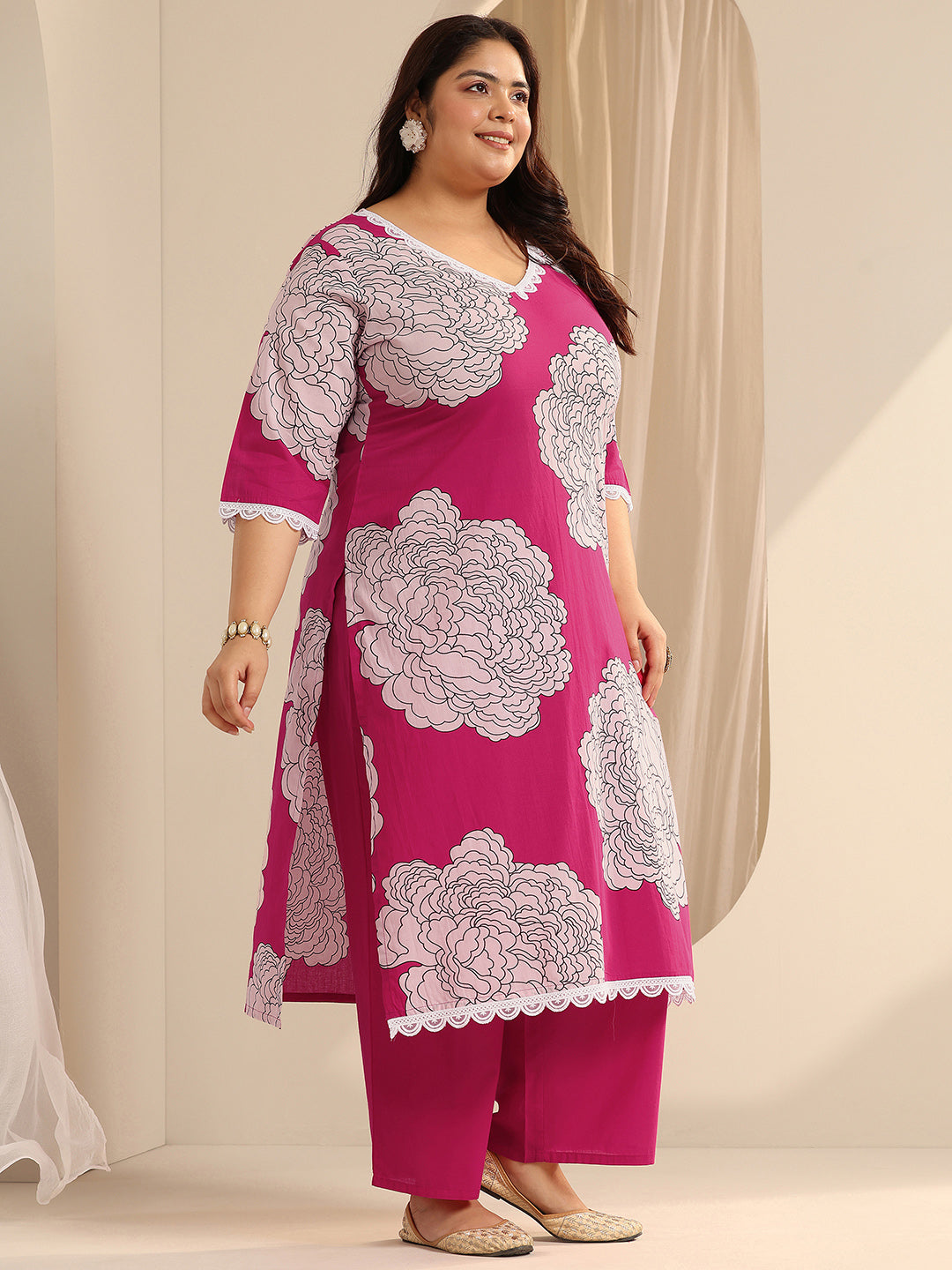 Plus Size Pink Printed Cotton Straight Suit Set With Dupatta