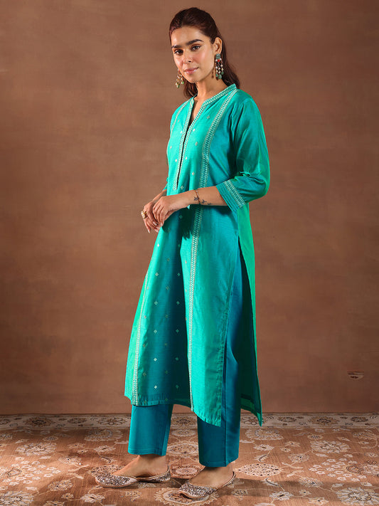 Turquoise Blue Woven Design Chanderi Silk Straight Suit With Dupatta