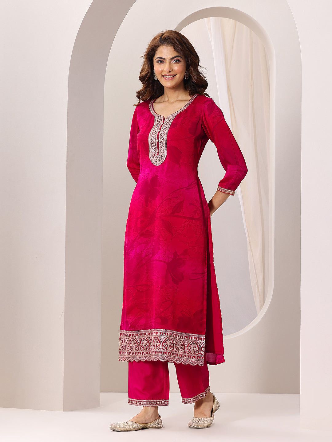 Red Printed Silk Chiffon Straight Suit Set With Dupatta