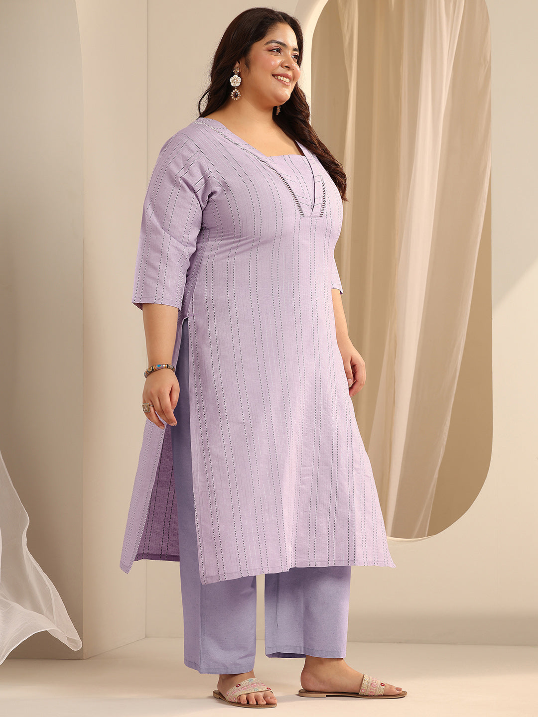 Plus Size Lavender Woven Design Cotton Blend Straight Suit Set With Dupatta