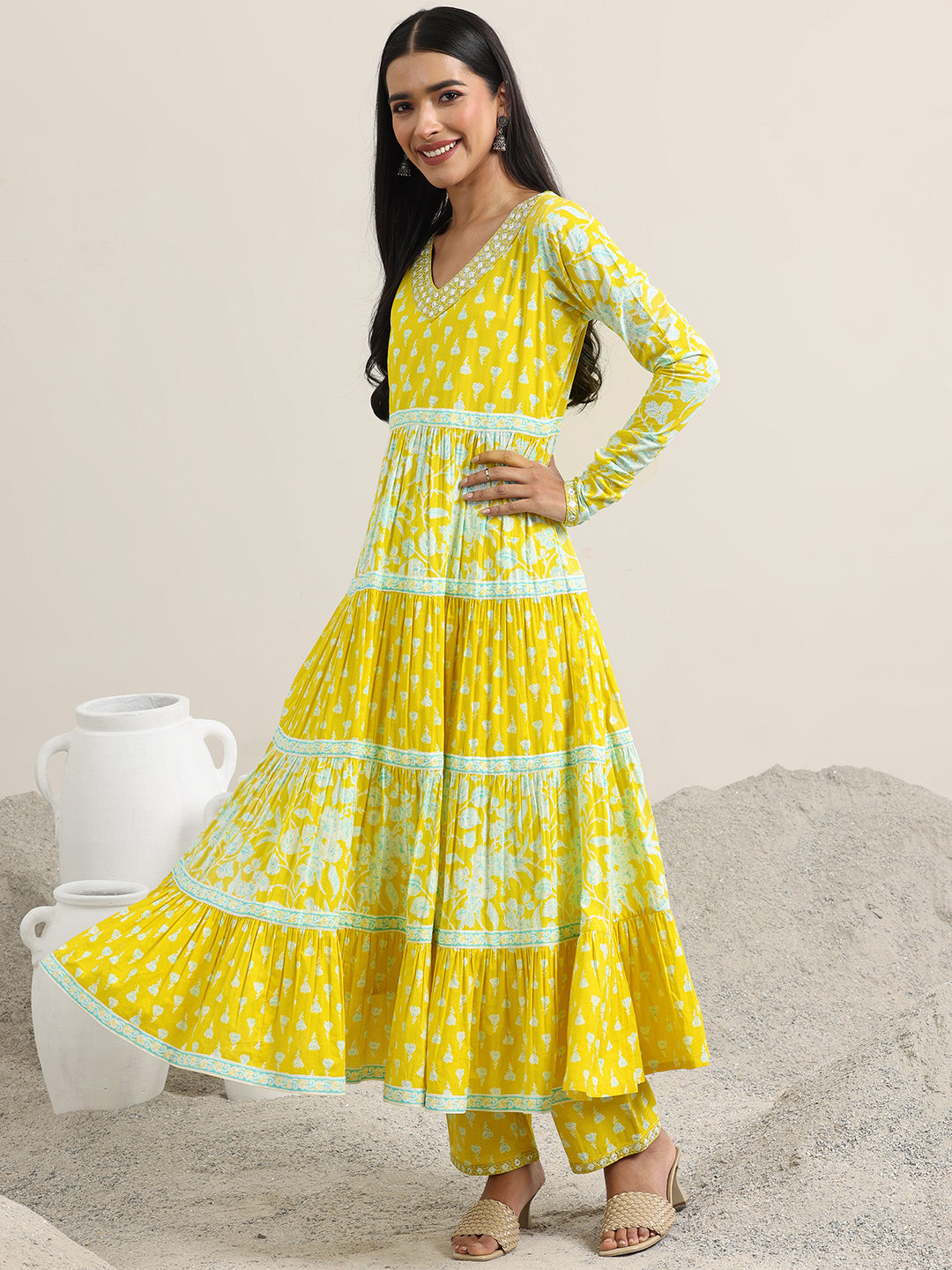 Yellow Printed Cotton Anarkali Suit With Dupatta