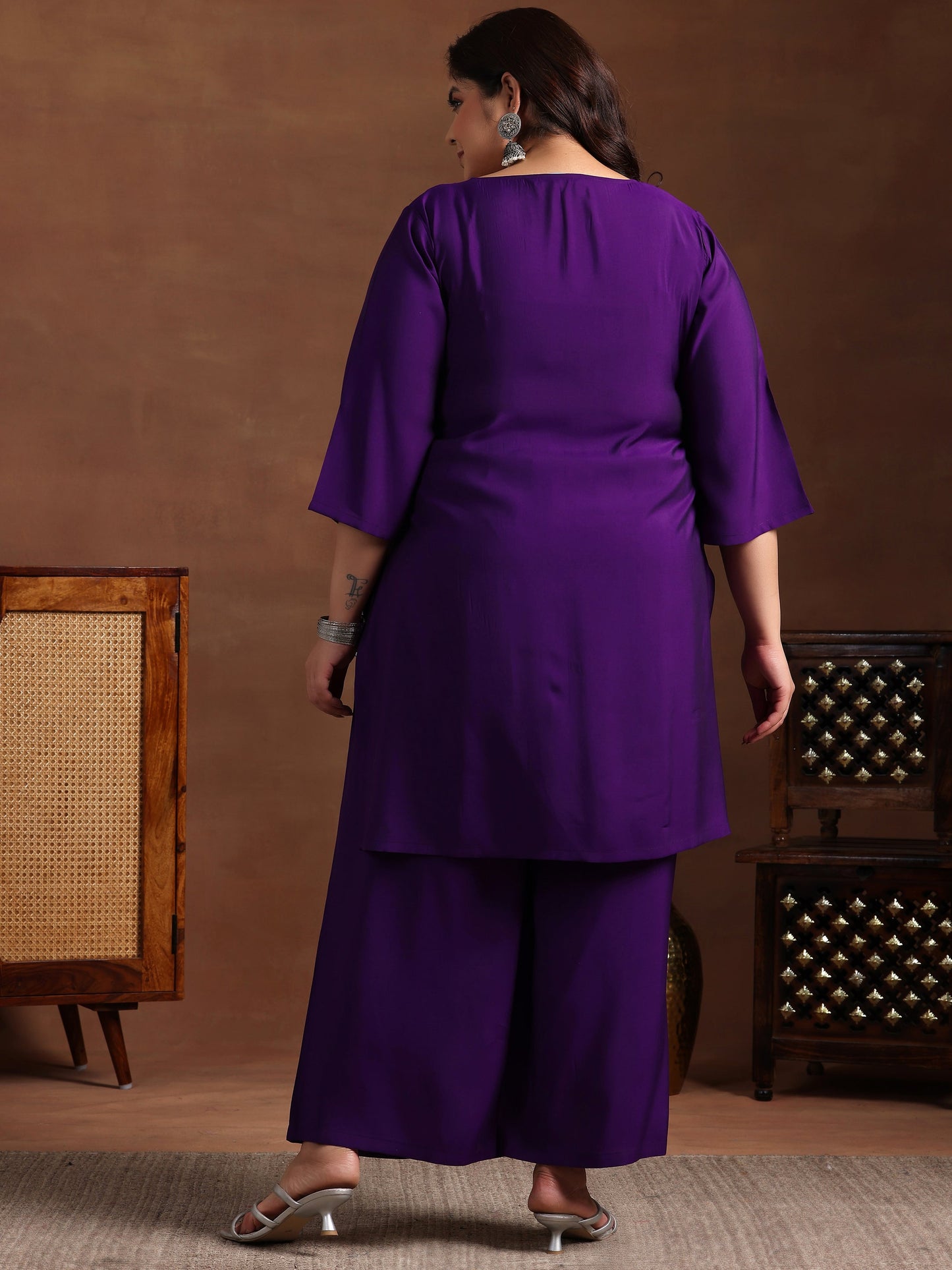 Plus Size Purple Yoke Design Silk Blend Straight Kurta Set