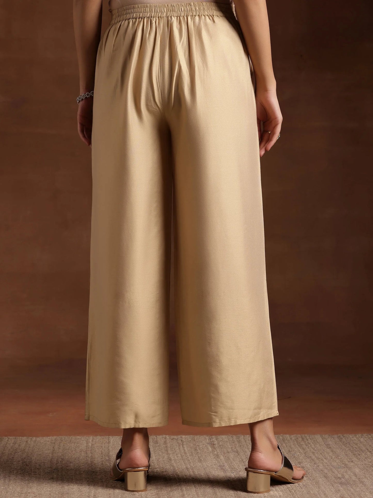 Beige Solid Silk Palazzos