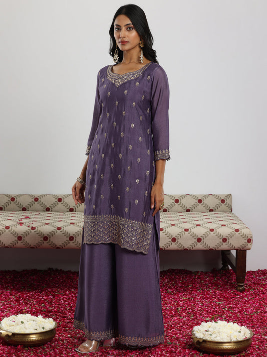 Purple Embroidered Silk Blend Straight Suit With Dupatta