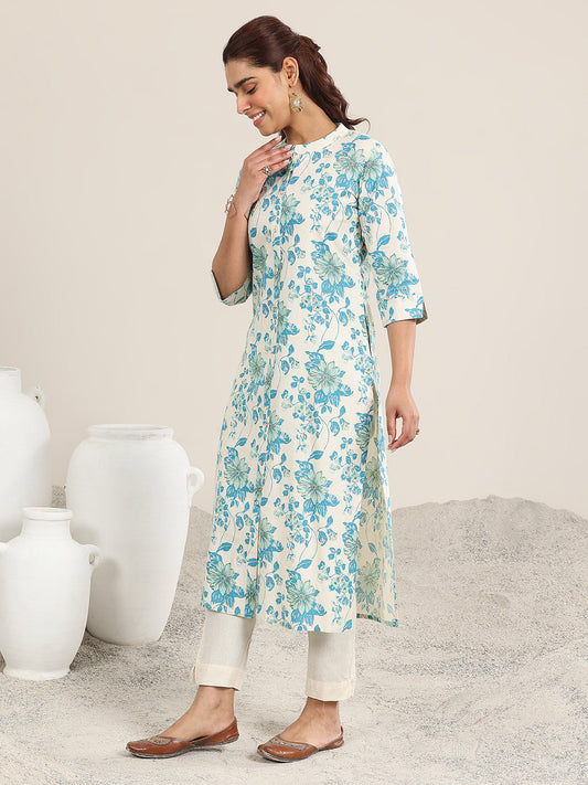 Off White Printed Cotton Straight Kurta