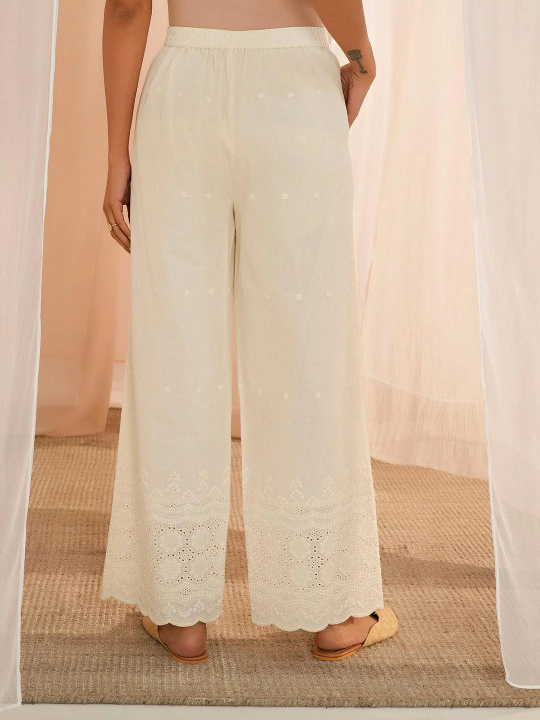 Off White Embroidered Cotton Wide Leg Palazzos