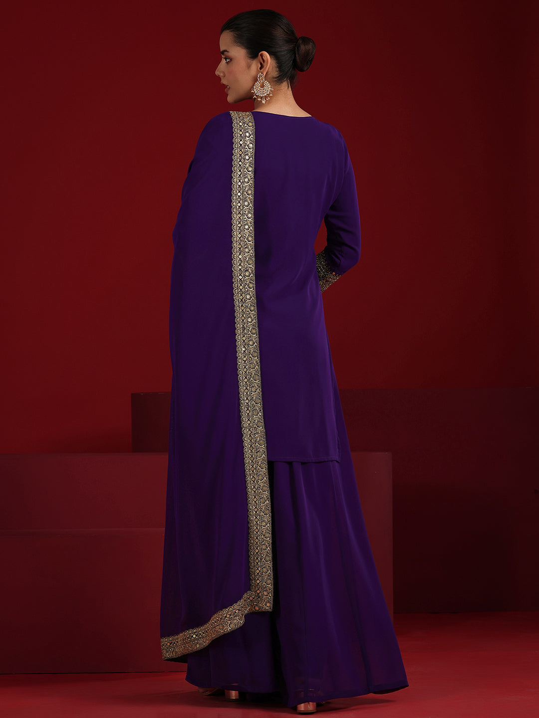 Libas Art Purple Embroidered Georgette Straight Suit Set With Dupatta