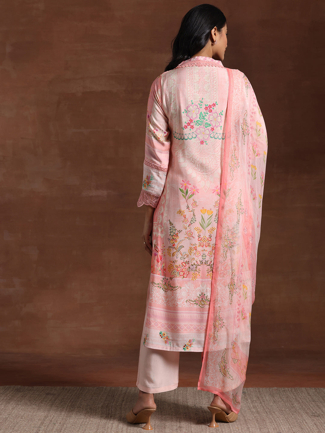 Pink Printed Silk Blend Straight Suit With Dupatta