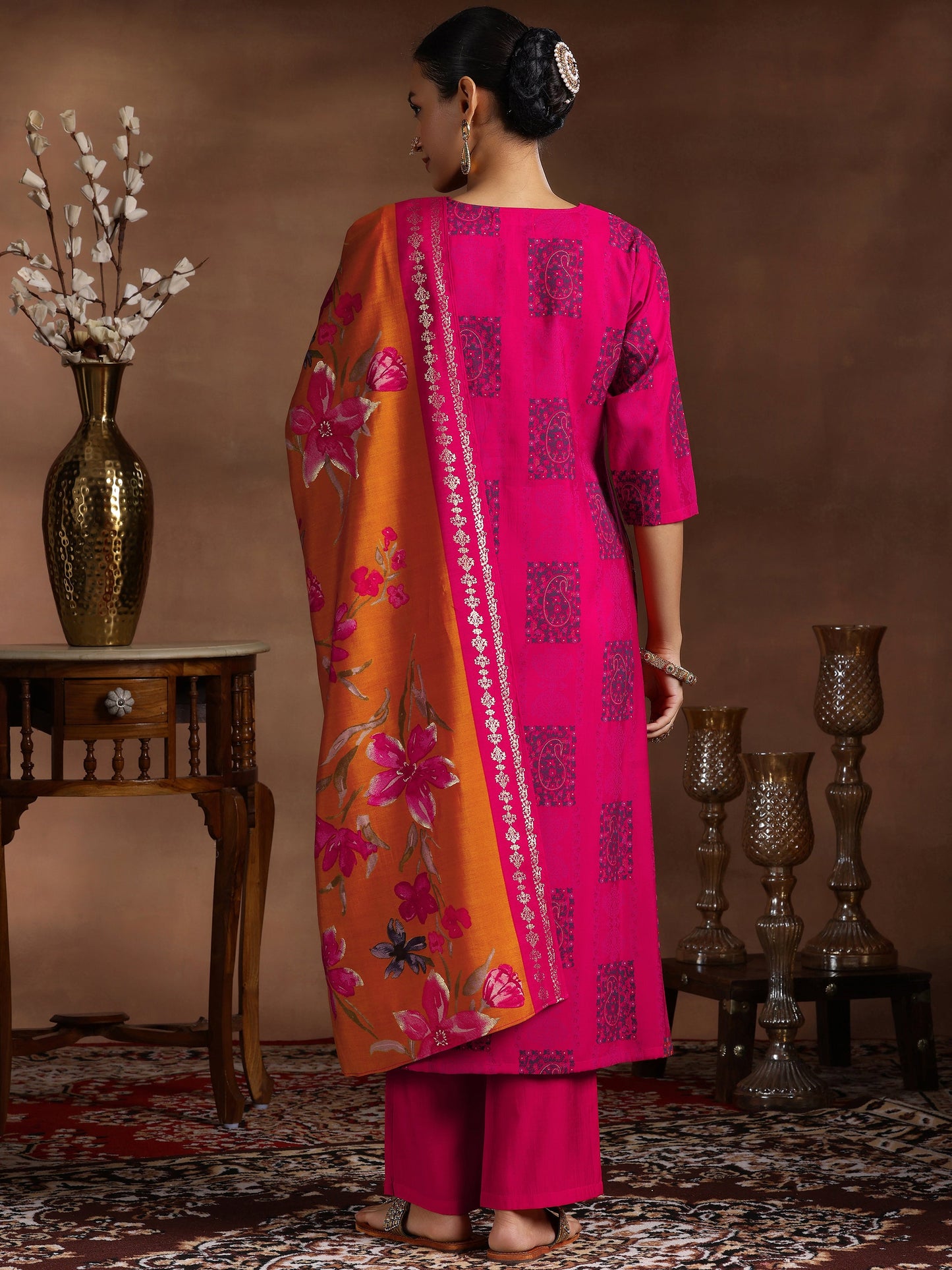 Pink Printed Silk Blend Straight Suit With Dupatta