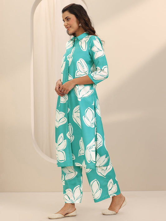 Blue Printed Cotton Blend Straight Kurta Set