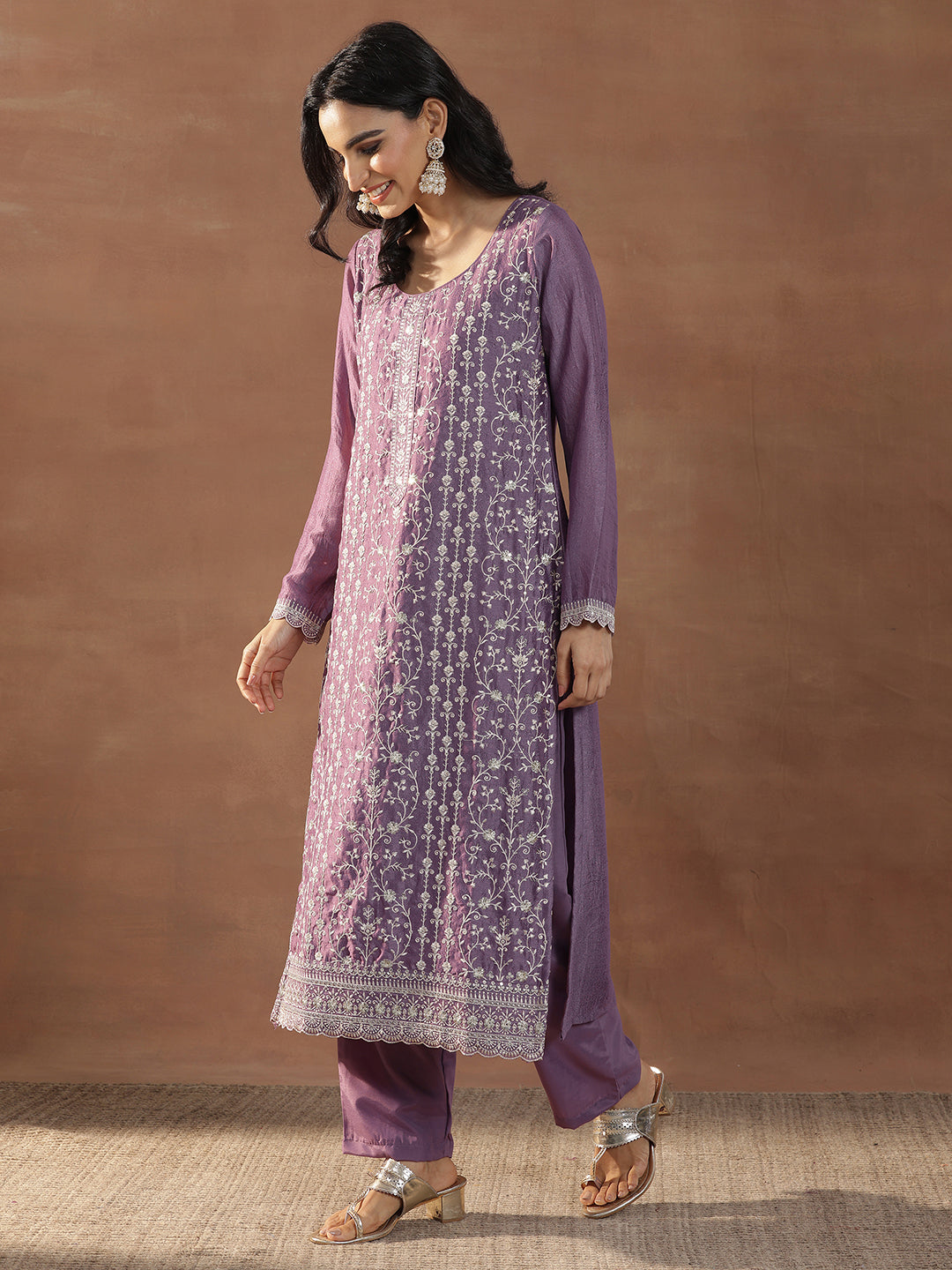 Purple Embroidered Silk Blend Straight Suits With Dupatta