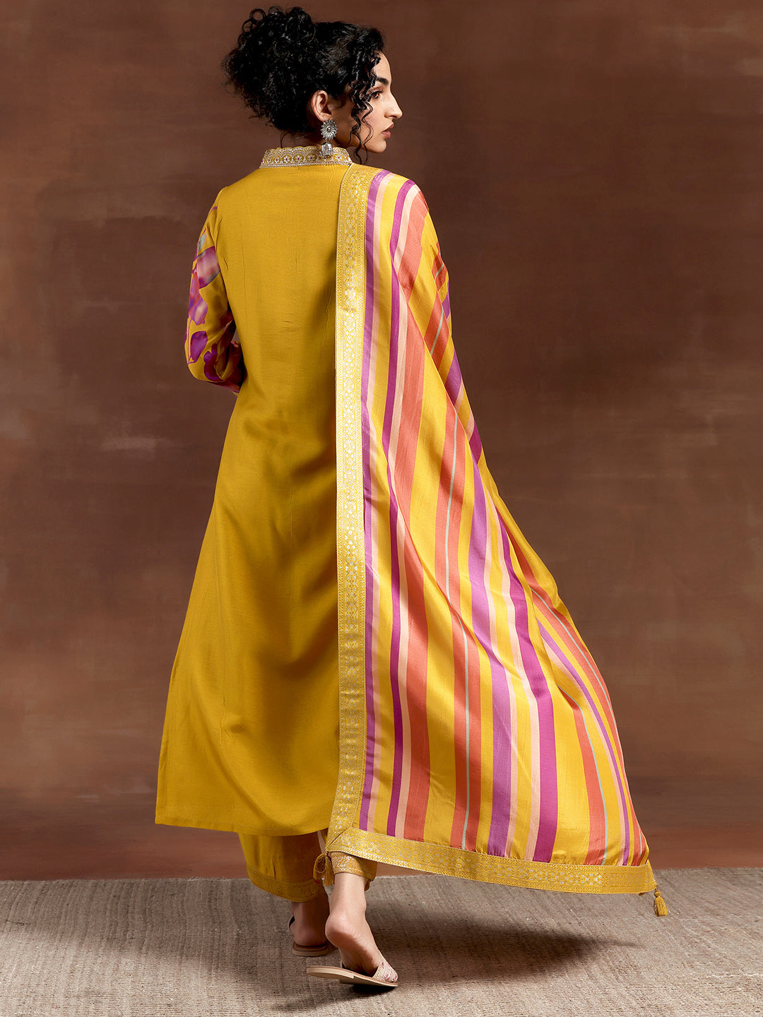 Mustard Printed Silk Blend Straight Suit With Dupatta